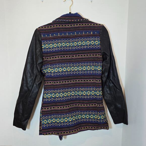 Women's Aztec Moto Jacket Size Medium Zip Up Faux Leather Tapestry Bomber Black - Picture 6 of 9